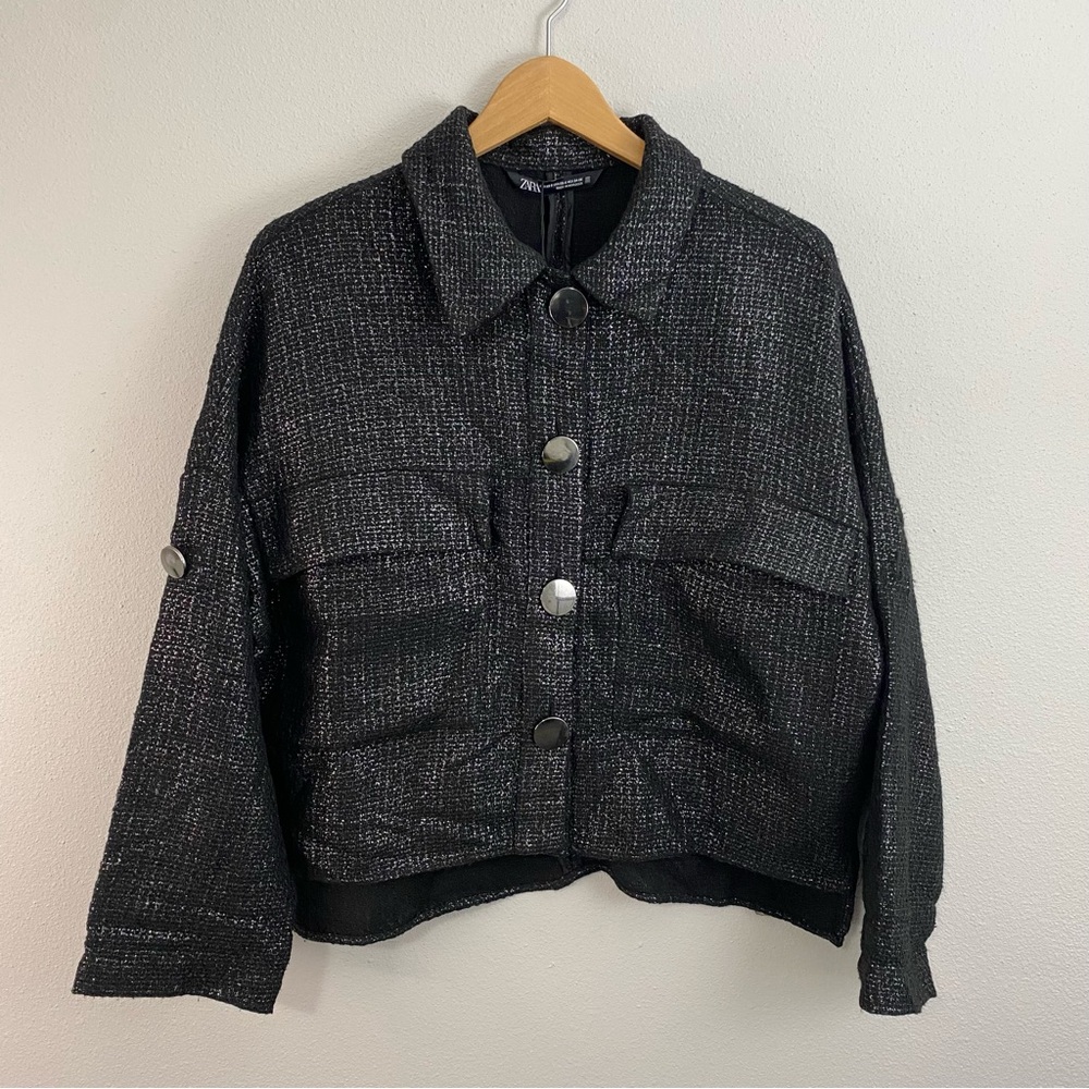 Zara Black Metallic Tweed‎ Casual Button Up Jacket Wool Blend NWT Women’s XS-S